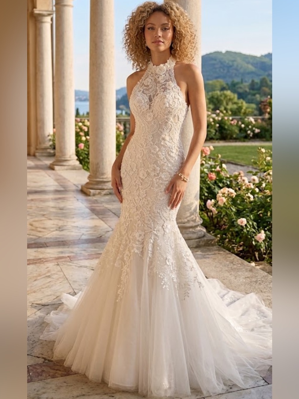 Blush prom Elegant Lace Halter sleeveless long gown